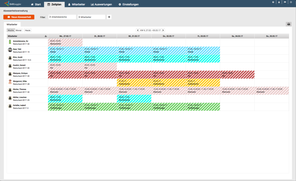 Screenshot der neuen Urlaubs- und Abwesenheitsverwaltung in ShiftJuggler